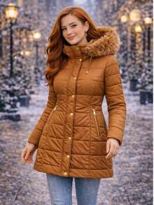 OVERCOAT WOMEN'S PARKA COAT IN STYLISH PADDED NYLON WITH FLEECE HOOD COLD WINTER PREMIUM NEW ARRIVAL - 駝色 - 查看 2