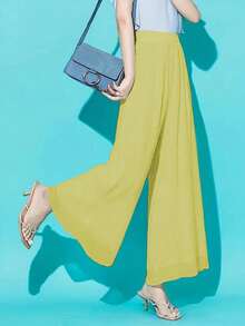 Women's Solid Chiffon Casual Loose Elastic Waist Wide Leg Pants, Suitable For Spring/Summer Vacation - Yellow - View 9