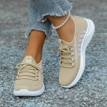 女士透气跑步鞋，新款春秋季防滑软底舒适休闲百搭平底鞋 - 卡其色 - 查看 2