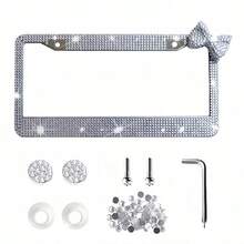 1 pieza Marco de matrícula con lazo de strass plateado, soporte de matrícula de acero inoxidable hecho a mano con decoraciones de cristal brillante, marco de matrícula de automóvil de lujo y alta gama universal - Marco de matrícula con lazo de diamantes de imitación - Ver 6