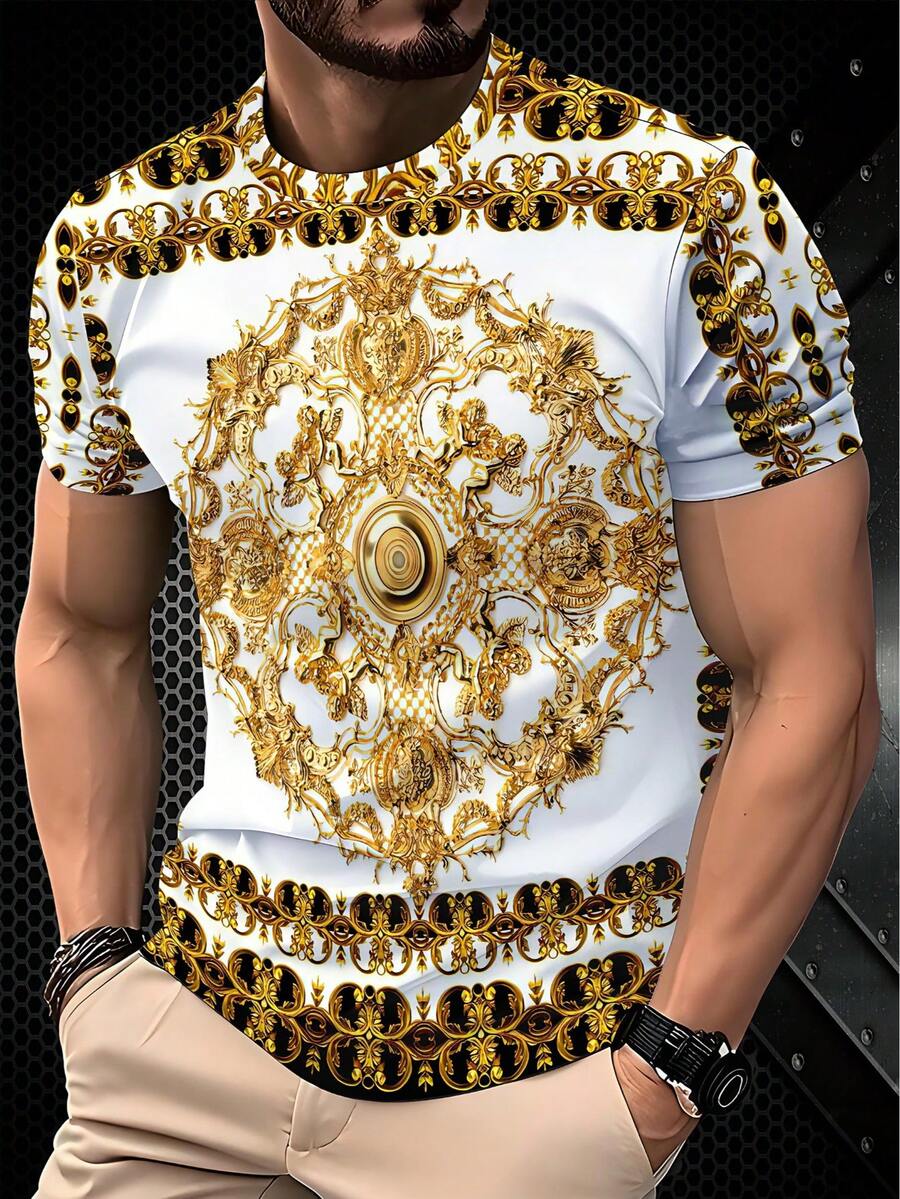 奢华夺目！3D 印花复洛克花卉金色图案修身休闲短袖街头风格圆领 T 恤男款 - 黑色 - 查看 1
