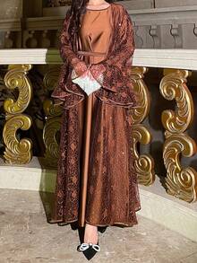 Elegant Plus Size Set, Round Neck Flare Sleeve, Waist Tie With Ruffle And Contrast Lace Detail Spring Brown Fall - Brown - View 4