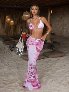 Women's Elegant Summer Beach Vacation Fashion Pink Butterfly Print Halter Bikini Set Set With Skirt, Suitable For Parties, Gatherings, Seaside, Spring, Entertainment Vacation, Romantic, Fashionable Design, Unique, Casual, Bohemian Style, Travel, Daily Recreation - Multicolor - View 1