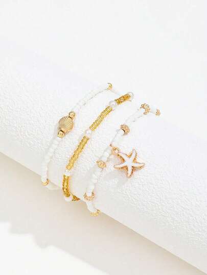 3pcs/Set Women Simple White Rice Bead/Faux Pearl Beaded Anklet With Golden Starfish & Seashell Charms, Suitable For Daily Wear And Vacation