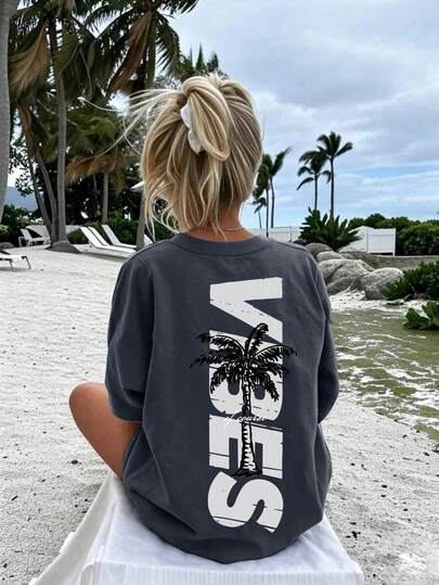 This Is A Casual Deep Gray Round Neck T-Shirt With A Coconut Tree And Letter Graphic Print, Very Suitable For Older Girls To Wear. It Is Perfect For School, Shopping, Street Style And Vacation. It Is An Ideal Choice For Daily Wear, And Also A Great Gift For Family And Friends.