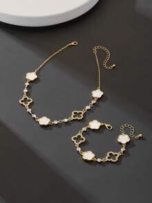 1 Set Elegant Luxury Sparkling Clover Pendant Necklace And Bracelet Jewelry Set, Suitable For Parties, Weddings And Festivals - White - View 3