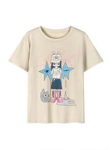 Áo thun ngắn tay nữ mùa hè dáng rộng, chất liệu cotton, in chữ và hoạt hình phong cách Y2K. - Màu be - Xem 4