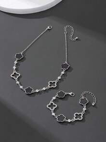 1 Set Luxury Rhinestone Hollow Clover & Flower Pendant Necklace And Bracelet Jewelry Set, Versatile Gift For Her - Black - View 3