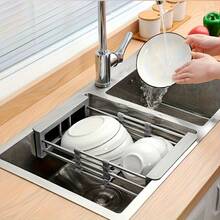 Adjustable Stainless Steel Retractable Dish Drying Rack | Heavy Duty No-Drill Sink Organizer Rack, Space-Saving Drainer Rack With Striped Design, Suitable For Utensils And Cookware, Fits Sink And Countertop, Modern Kitchen Storage, Multi-Function Shelf - Multicolor - View 8