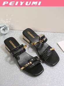 PEIYUMI Women's Rhinestone Solid Color Bohemian Style Holiday PU Leather Criss-Cross Flat Sandals, Suitable For Party, Beach, Outdoor And Other Occasions, Wear In Summer - Black - View 8