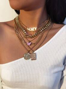 7件套女士金色多层Y2K风格项链套装（包含“HONEY”字母、蝴蝶和硬币吊坠）| 甜美时尚，适合日常、派对和音乐节穿搭 - 金色 - 查看 1