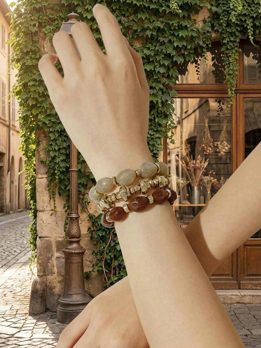 Bộ 3 vòng tay hạt acrylic phong cách Boho cổ điển, nhiều màu sắc, phù hợp cho nữ giới, các cặp đôi, dự tiệc, đeo hàng ngày, sang trọng và cao cấp (Có thể có sự khác biệt nhỏ về màu sắc giữa ánh sáng/góc chụp và sản phẩm thực tế). - Nhiều màu - Xem 1