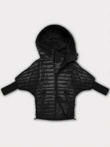 Women's Quilted Jacket With Knit Cuffs, Jacket With Asymmetrical Hem, Fixed Hood, Fastened With A Two-Way Zipper, 2 Open Pockets, Lightly Insulated With Synthetic Down, Straight Cut, Mid-Thigh Length, Casual, Spring/Autumn - Black - View 3