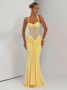 Sexy Spaghetti Strap Backless Waist Cinched High Slit Dress, Mesh Patchwork Vacation Party Dress - Yellow - View 7