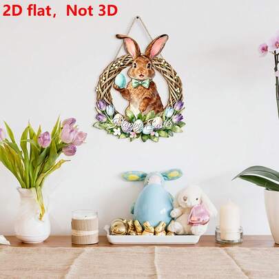 2D Flat Easter Bunny Door Sign, Happy Easter Eggs Wooden Hanging Decor Bunny Symbol Wall Plaque, Floral Spring Decoration For Front Door Porch, Yard, Wall, Home