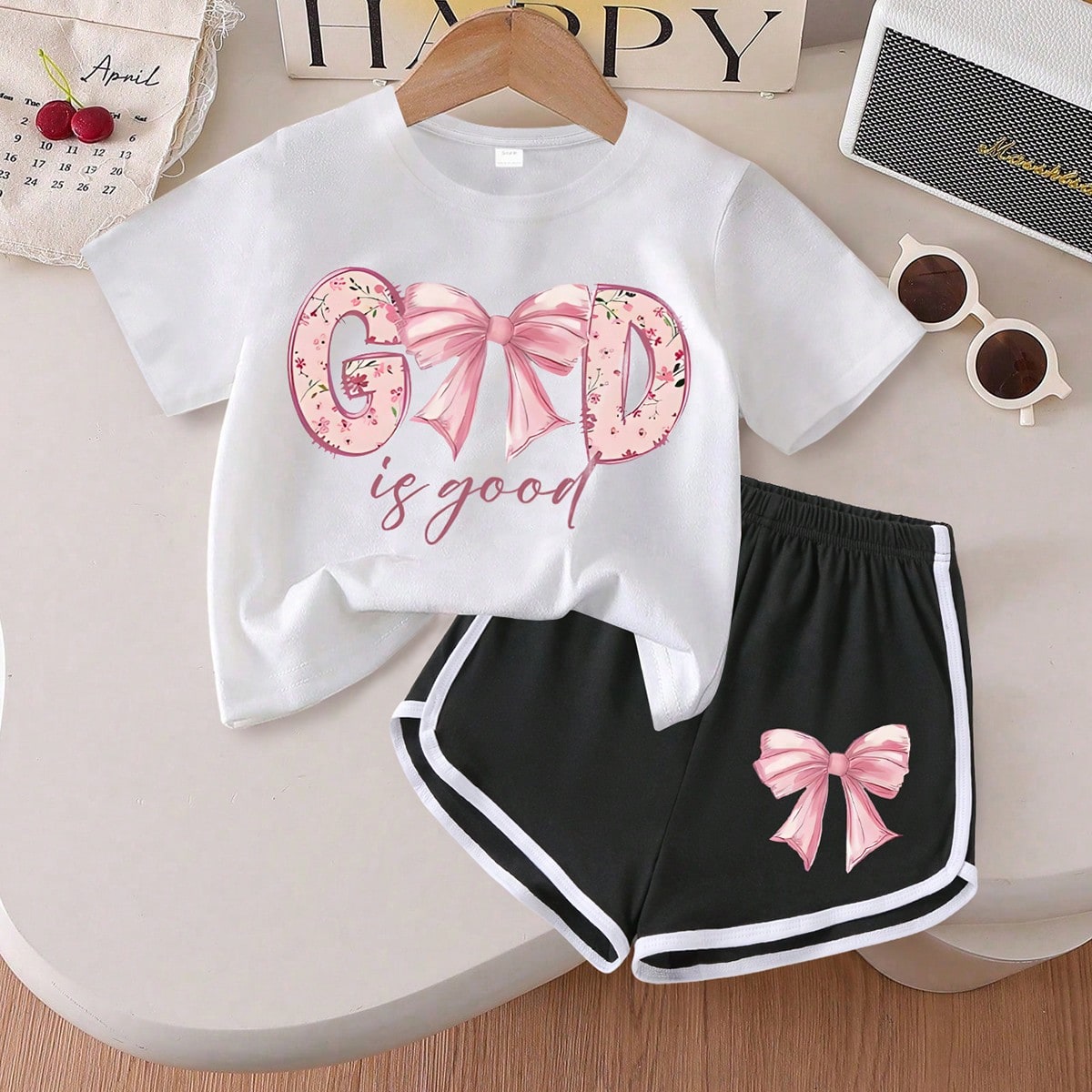 Set de 2 piezas de camiseta de manga corta con estampado de lazo + pantalones cortos para niñas, conjunto casual de verano de tela suave para adolesc