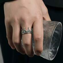 خاتم "تاج" من الفضة الإسترليني عيار 925 بطراز جوتيك تشيبا، خاتم تاج أمريكي قديم داكن، إكسسوار للرجال والنساء - فضي عتيق - مشاهدة 3