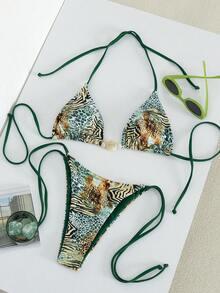 Women's Sexy Fashion Minimalist Elegant Romantic Vacation Beach Travel Party Full Body Leopard Print Beaded Halter Tie Swimsuit Set, Spring/Summer New Arrival - Green - View 6