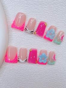 10片装Y2K风鸭嘴美甲贴片套装 - 手工制作，粉色美甲，蓝色美甲，蓝粉法式美甲，手工3D花朵，3D蓝粉花朵美甲，手绘斑马纹和3D水滴图案设计手工美甲贴片 - 彩色 - 查看 2