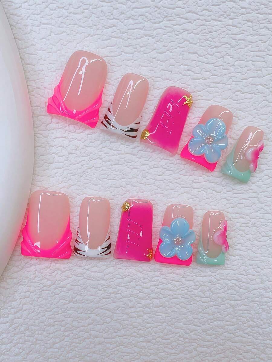 10片装Y2K风鸭嘴美甲贴片套装 - 手工制作，粉色美甲，蓝色美甲，蓝粉法式美甲，手工3D花朵，3D蓝粉花朵美甲，手绘斑马纹和3D水滴图案设计手工美甲贴片