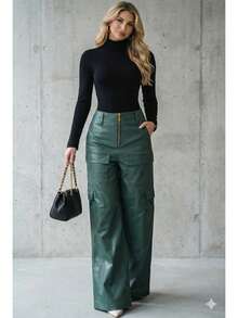 Faux Leather Cargo Pants With Front Pocket - Dark Green - View 2