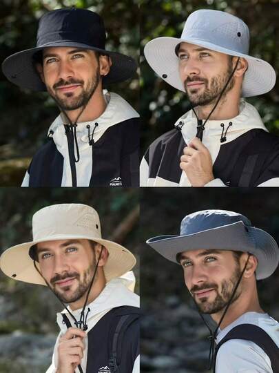 1pc Unisex Wide Brim Sun Hat, Adjustable Drawstring Design, Breathable Mesh, Suitable For Camping, Fishing, Hiking, Outdoor Activities, Spring/Summer