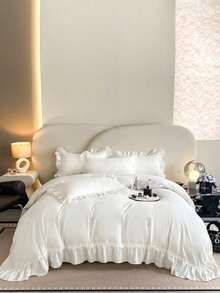 3件套纯色荷叶边柔软舒适被套套装（1个被套+2个枕套），适用于卧室和客房 - 白色 - 查看 10