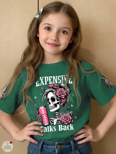 This Casual Dark Gray Round Neck T-Shirt Features A Skull And Letter Graphic Print, Very Suitable For Girls And Older Children To Wear. Suitable For School, Shopping, Street Style And Vacation. It Is An Ideal Choice For Daily Wear, And Also A Great Gift For Family And Friends.
