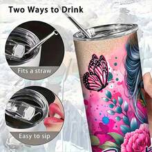 20oz Tumbler Cup Beautiful Disaster Floral Skull Butterfly Design For Edgy Women Half Skull Half Face Skeleton Aesthetic Art Graphic Birthday Or Halloween Gift For Gothic Alternative Style Lovers - 1 pc - 查看 4