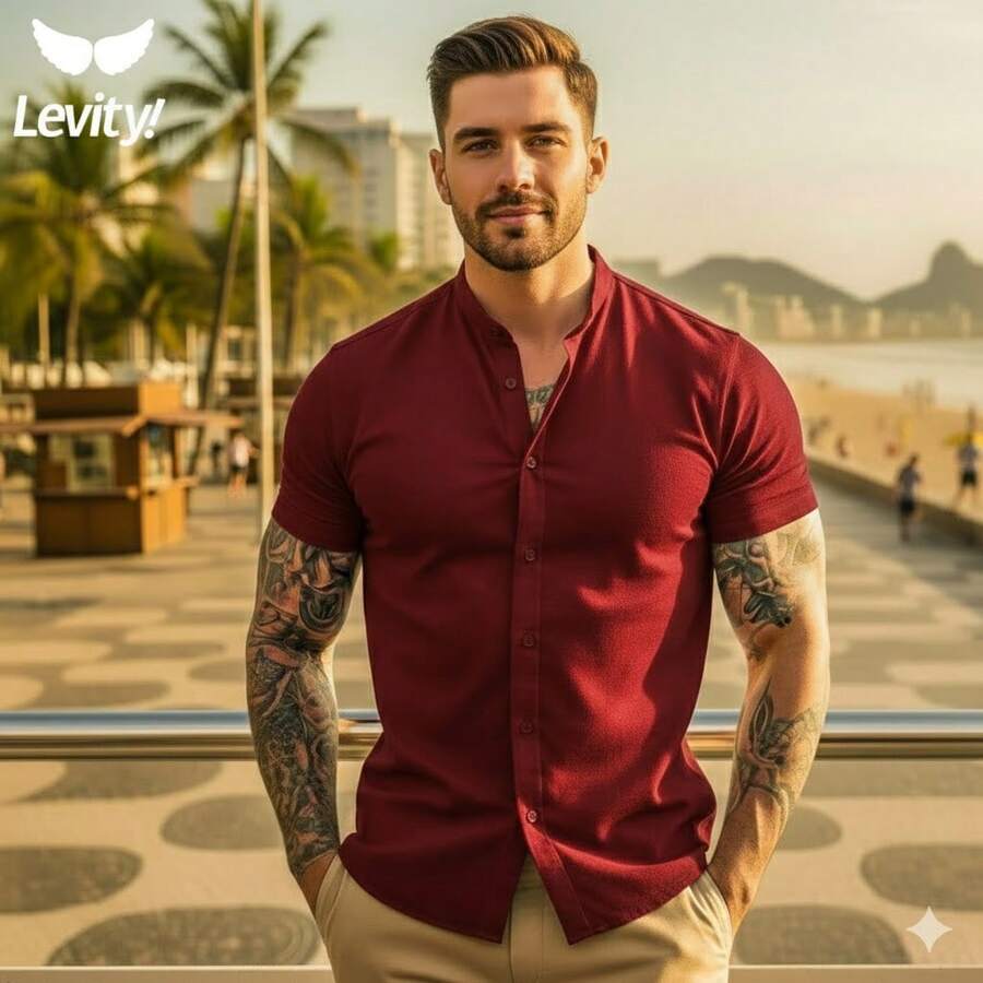 Men Denim Shirts - 酒紅色 - 查看 1