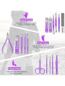 16-Piece Nail Clipper Set, Stainless Steel Nail Tools, Including Nail Clippers, Nail File, And Ear Pick, Comes With A Portable Storage Box, Suitable For Home And Travel Use - Màu tím hoa cà - Xem 2