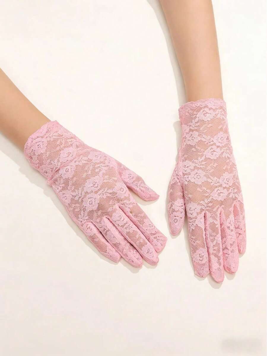 1 Pair Pink Romantic Sexy Elegant Short Fingerless Bridal Gloves, Suitable For Summer Sun Protection,Beach,Wedding,Party,Birthday - Pink - View 1