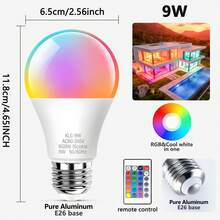 Bombilla LED RGBW de 9W con control remoto, bombilla multicolor de 16 colores, base E26/E27, 80-265V, bombilla LED multicolor regulable, adecuada para decoración del hogar, dormitorio, fiesta, bar, 1 paquete - multicolor - Ver 4