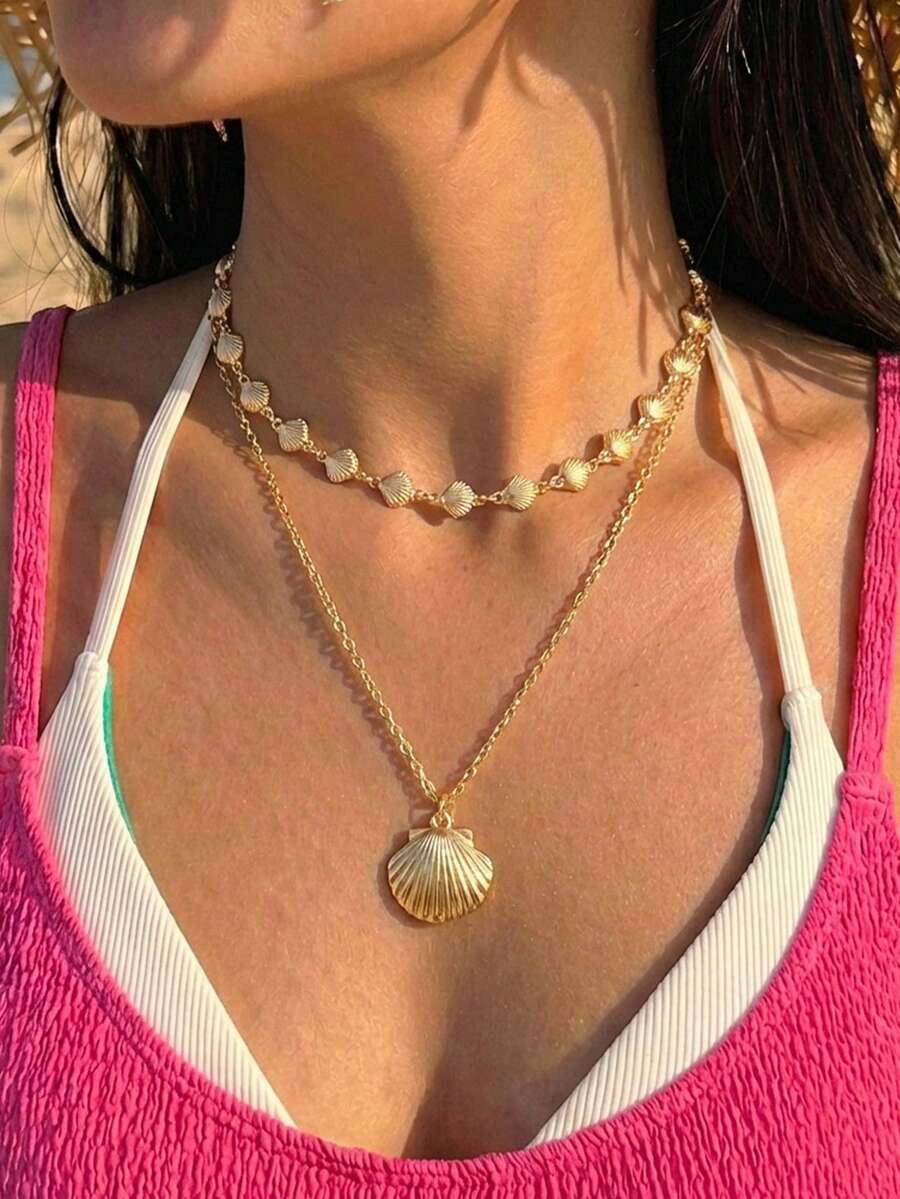 海洋系列双层金色吊坠项链 - 女士小巧时尚项链 - 金色 - 查看 1