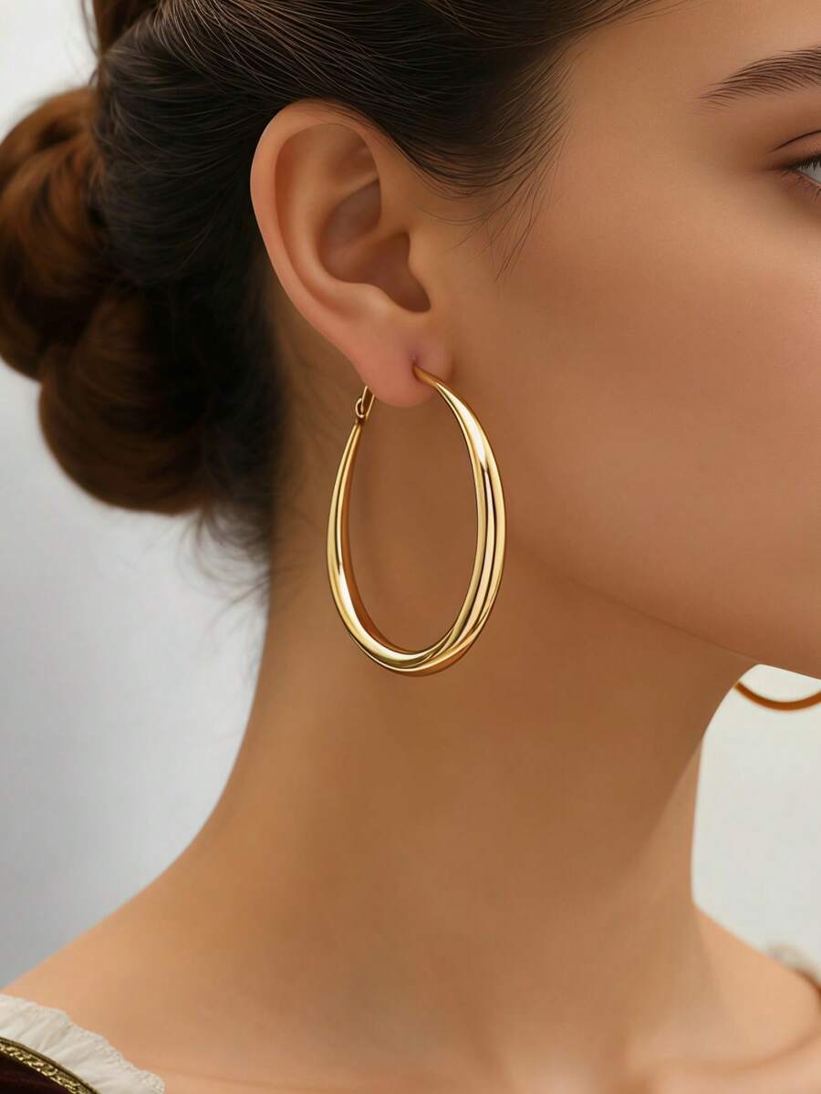 1 Pair New Classic Minimalist Metal Smooth Double-Ring Hollow Hoop Earrings, Suitable For Women's Daily Commute, Casual Dates - Yellow Gold - View 1