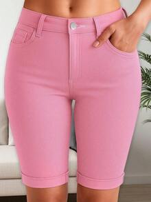 Women's Slim Fit Cycling Jeans, Washed Stretch With Pockets, Casual White, Summer Fashion Style - 粉色 - 查看 2