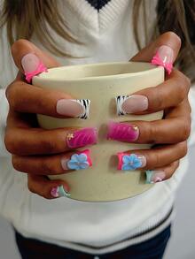 10片装Y2K风鸭嘴美甲贴片套装 - 手工制作，粉色美甲，蓝色美甲，蓝粉法式美甲，手工3D花朵，3D蓝粉花朵美甲，手绘斑马纹和3D水滴图案设计手工美甲贴片 - 彩色 - 查看 4