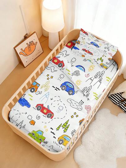 1 Set Babybettwäsche, Cartoon Auto Muster Bettbezug Set, aus Polyestermaterial, digital Muster, mehrseitig umkehrbarer Bettbezug, geeignet für Babys, Schlafzimmerdekoration, Babybett, Geschenke, Feste.