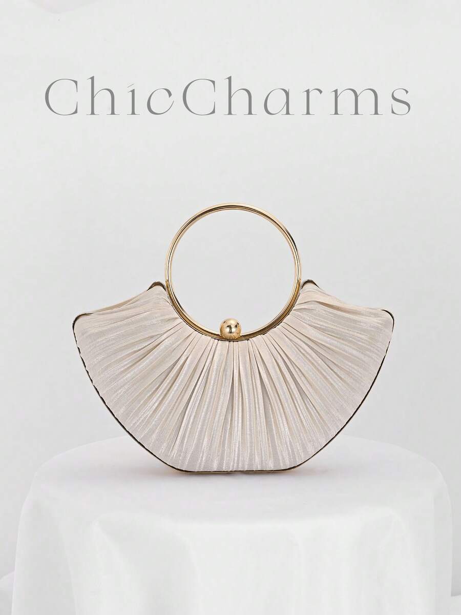 1件女士优雅奢华褶皱设计缎面盒形手拿包/金属环手柄手提包，鸡尾酒晚宴包/不对称包/迷人/精致晚礼服包/杏色手拿包，适合休闲穿着、聚会、购物、派对、生日、浪漫假期，附赠金属链条肩带。 - 杏色 - 查看 1