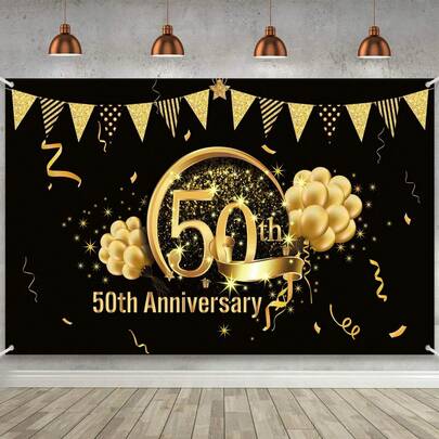 1 tấm banner phẳng 2D, trang trí kỷ niệm 50 năm, tiệc kỷ niệm 50 năm 1975 với nền đen vàng, phông nền chụp ảnh kỷ niệm ngày cưới, sinh nhật, cờ kéo trang trí, không cần nguồn điện.