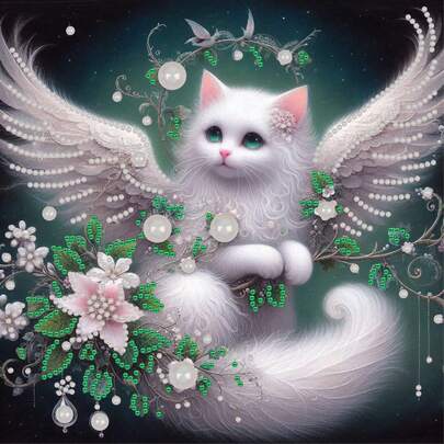 1 件 5D DIY 珍珠钻石画套装，尺寸 30x30 厘米，图案为一只长着翅膀的白猫，创意装饰画，手工珍珠马赛克。包含粘性珍珠，适合家居装饰、DIY 爱好者，以及节日和生日送给朋友的礼物。无框