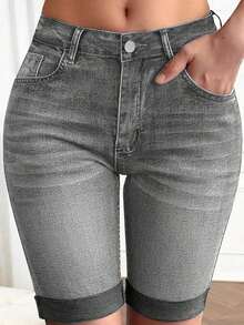 Women's Pocket Washed Stretchy Skinny Cycling Jeans - Màu Xám nhạt - Xem 13
