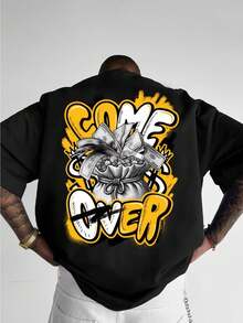 Men's 100% Cotton T-Shirt, Printed COME OVER, Short Sleeve, Round Neck, Casual Modern Style Blouse - Black - View 1