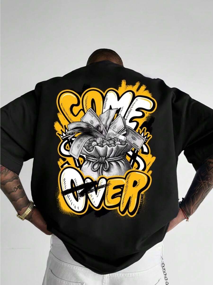 Men's 100% Cotton T-Shirt, Printed COME OVER, Short Sleeve, Round Neck, Casual Modern Style Blouse - Black - View 1