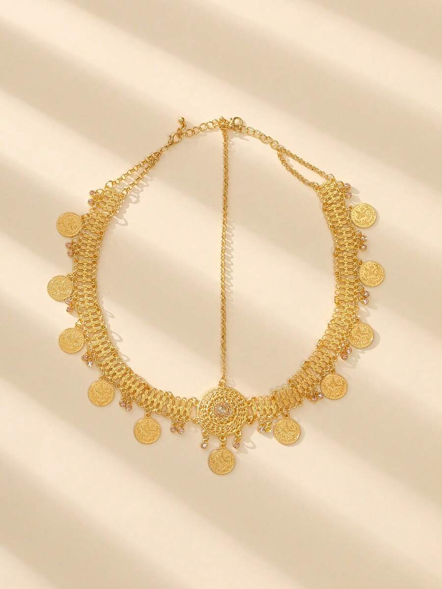 Diadema de Estilo Bohemio con Colgante de Flores y Strass, Disco Redondo y Cadena Multicapa para Mujeres, Adecuada para Bodas, Fiestas y Festivales - Dorado - Ver 1