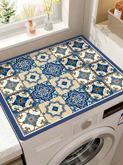 Tấm ốp máy giặt bằng gạch men họa tiết retro rực rỡ, chống thấm nước, chất liệu Diatomite, kích thước 23,62 x 19,69 inch, họa tiết hoa sống động, thích hợp trang trí nhà bếp hoặc phòng giặt.