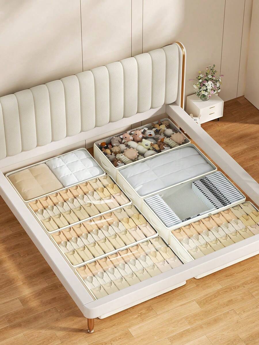 1PC Under Bed Storage Box, Foldable Linen Organizer With Clear Zipper Lid & Reinforced Handles, Dustproof Large Capacity Bin For Clothes, Blankets, Toys & Bedding, Beige - Off White - View 1
