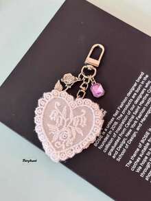 Lace Heart Mini Mirror Rhinestone Bow Car Keychain Delicate Bag Charm Pendant, New Arrival - White - View 12