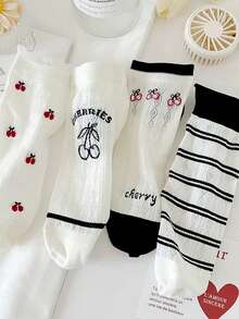 4 Pairs Women Cherry Stripe Short Socks Invisible Ice Silk Hollow Crew Socks, Korean Version, Suitable For Summer - Multicolor - View 7