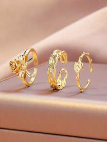 Set de 3 anillos ajustables con corazón y cruz de circonita cúbica dorada, anillos de cristal de lujo para mujeres, accesorios para uso diario, citas y fiestas - Dorado - Ver 10